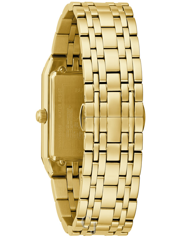 Bulova Our Lady of Guadalupe Gold Stainless Steel Band 3-Hand Black Dial Quartz Watch (Model:97D130)