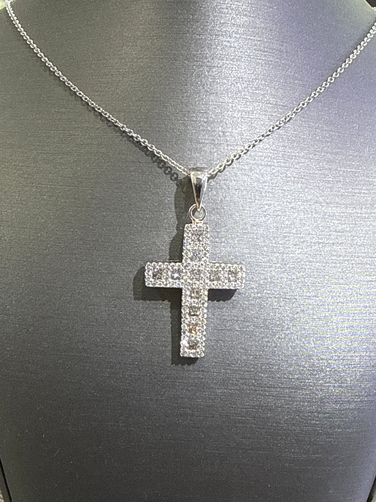 14K white gold diamond cross pendant with natural diamonds. DTW=2.00CT / G-H-VS. 5.6GR with 18” cable chain.