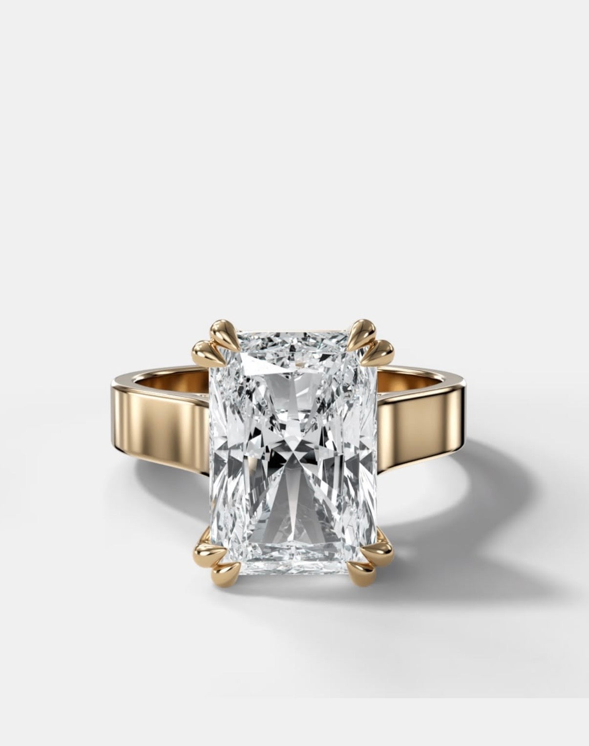 Finest Cathedral Engagement Ring with Elongated Radiant Cut Diamond. With 3.5CT Lab-Grown Diamond. Radiant cut shape. E-Color / VVS1-Clarity. Finger size 6.5. Double claw style prongs.