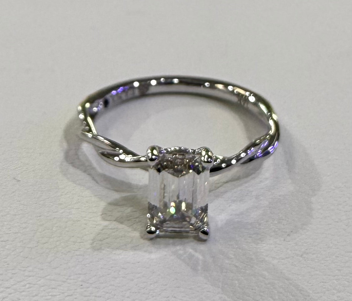 14K White Gold Twist Knot Ladies Engagement Ring With A 1.23 CT Emerald Cut LAB-GROWN Diamond. IGI # LG537236542 - F - Color - VS 1 - Clarity - EX,VG,NONE