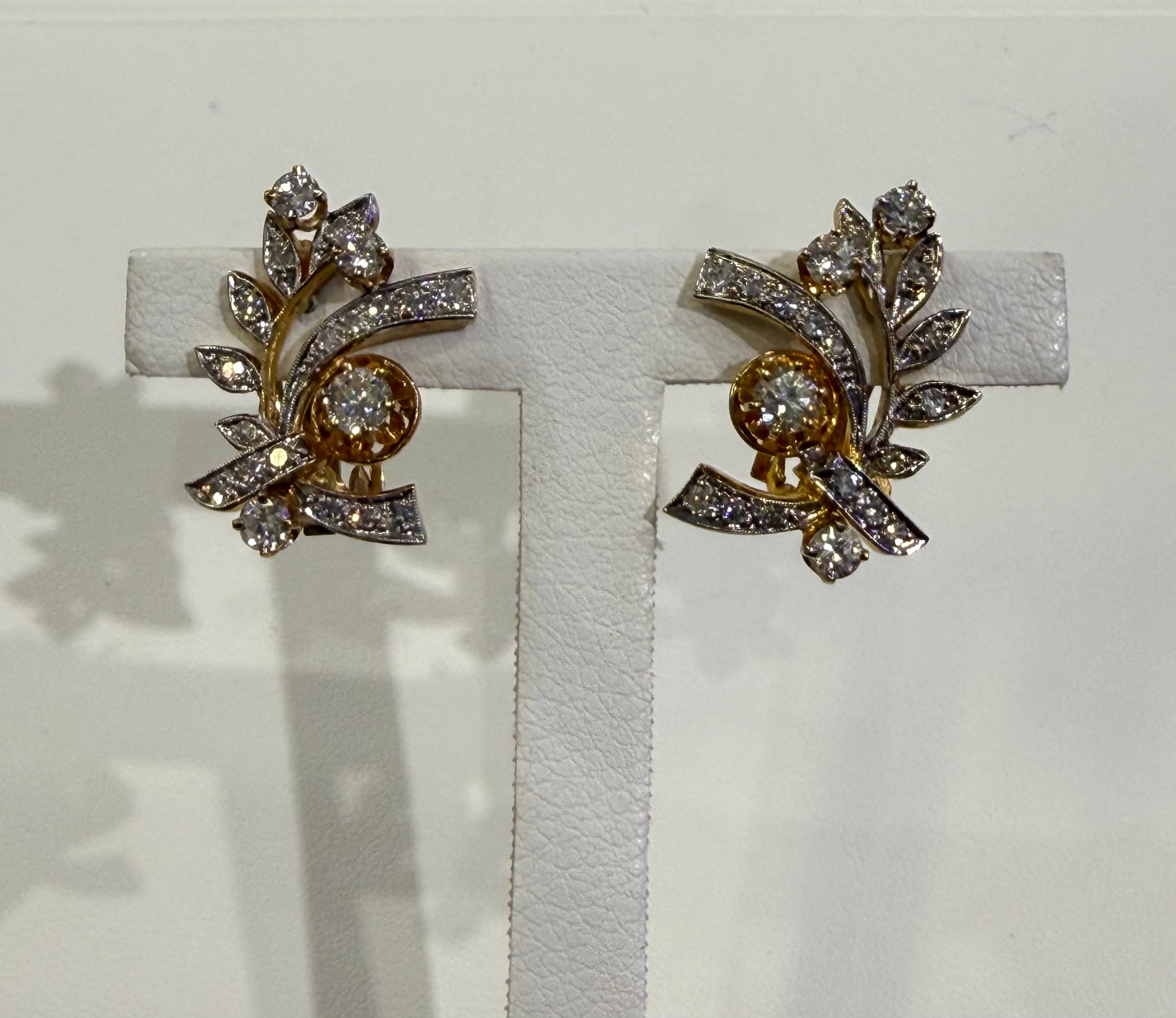14K Two Tone Vintage Style Flowers Omega Backs Diamonds Earrings. DTW=2.34CT - G-H/VS-SI - 10.3GR