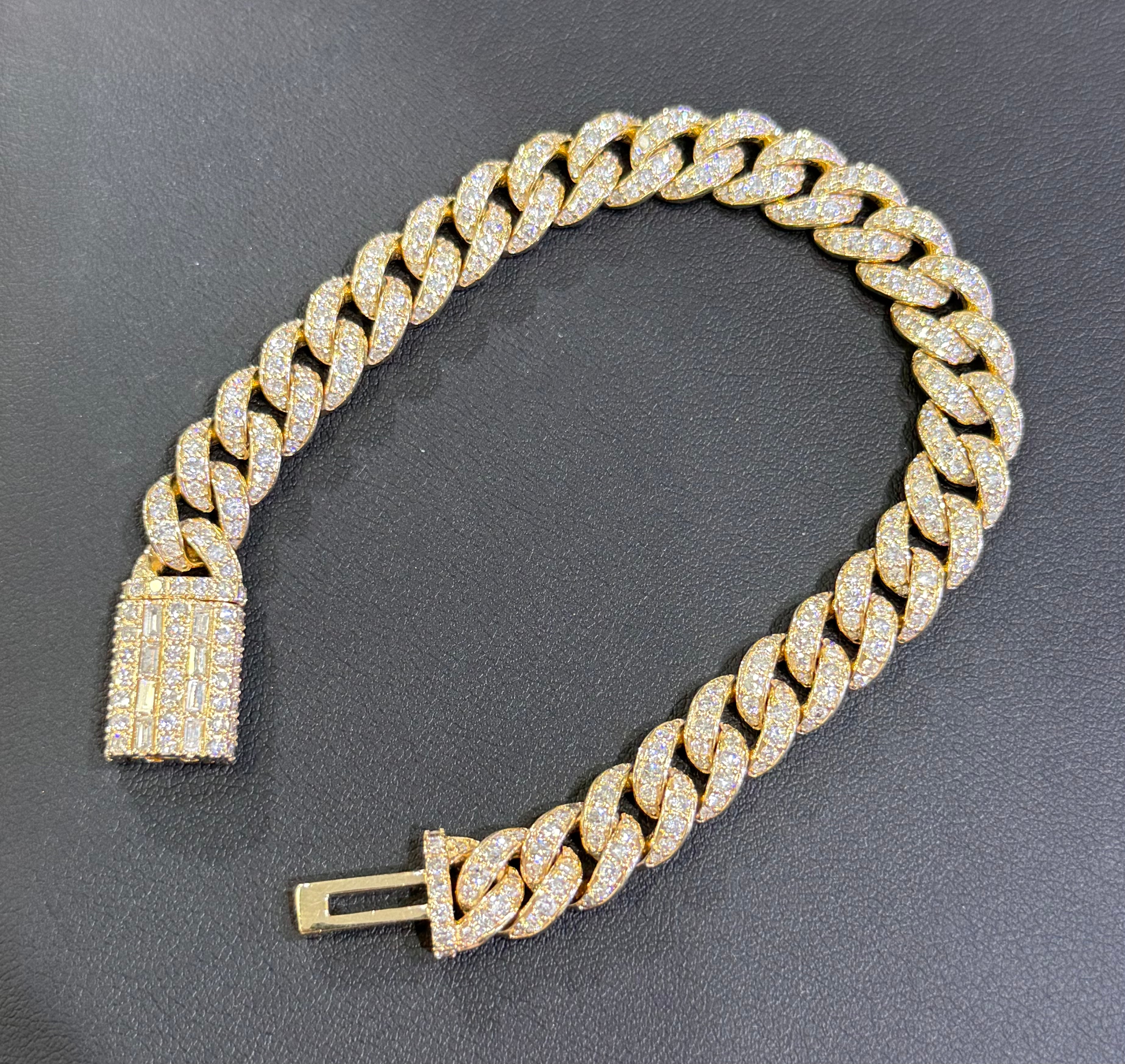 14K Solid Yellow Gold 9.5MM Diamond Miami-Cuban-Link Bracelet With Rounds & Baugettes. 47.5GR. M5465. DTW=7.50CT. G-H-VS2-SI. JNB1675-8Y - MO62090. 8.5"