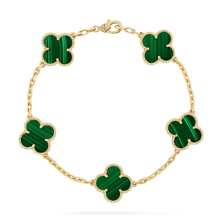 18KT Yellow Gold Ladies Clover Style Bracelet With Green Malachite With Cable Link Chain. 11.6 GR - 7.5"