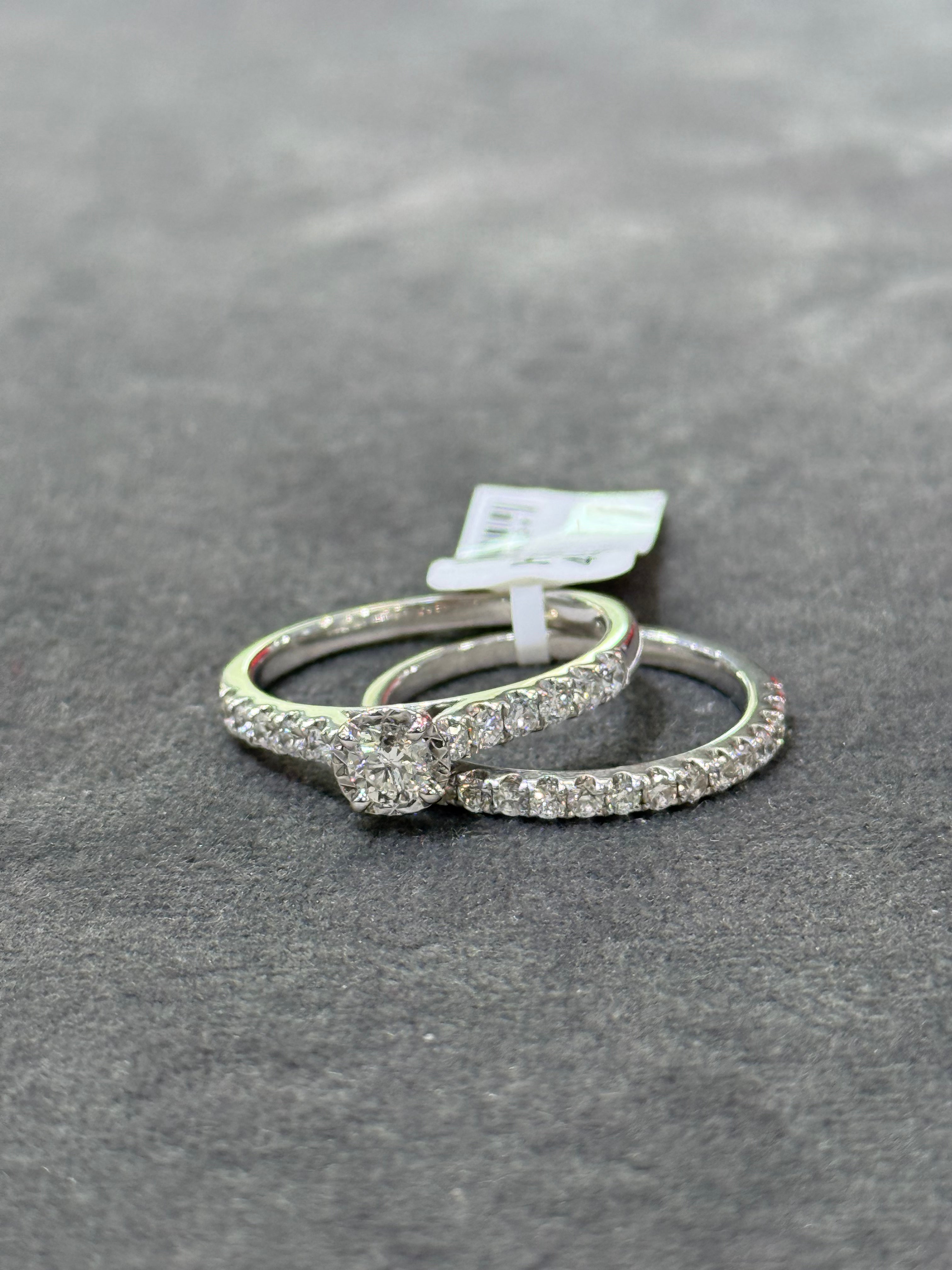 14K White Gold Ladies Engagement Ring With Matching Wedding Band Diamond Set/Rings. DTW=0.97CT. G-H/VS-SI. 6.1GR - SZ 8.5