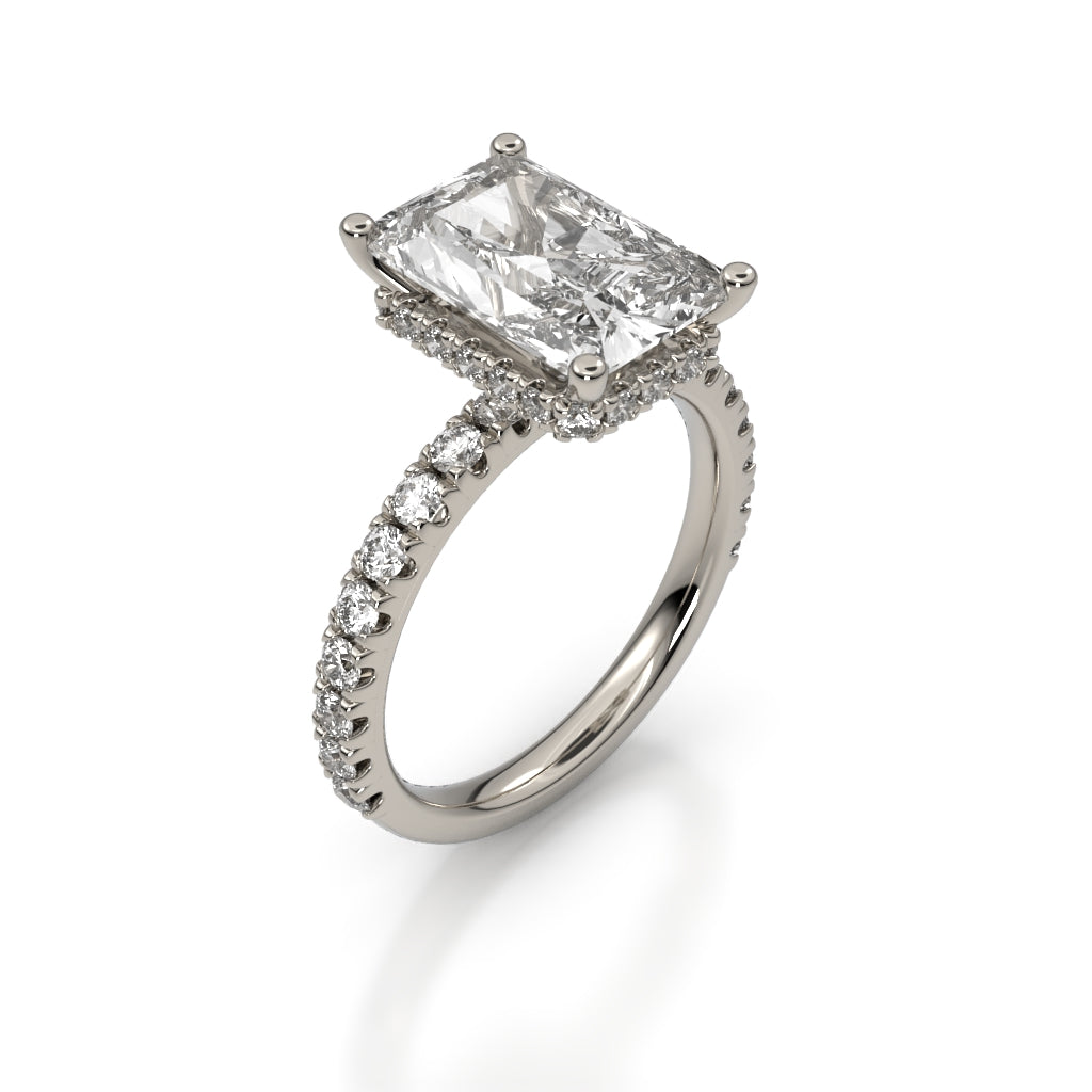 PLATINUM - Ladies Engagement Ring With Natural Diamonds On Shank & Hidden Halo & Radiant Cut Center Stone LAB-GROWN Diamond. SD=0.61CT - G-H/VS - CD=2.73 CT - F/VVS2 - IGI - LG638435955 - 5.1 GR - Finger Size 6.5