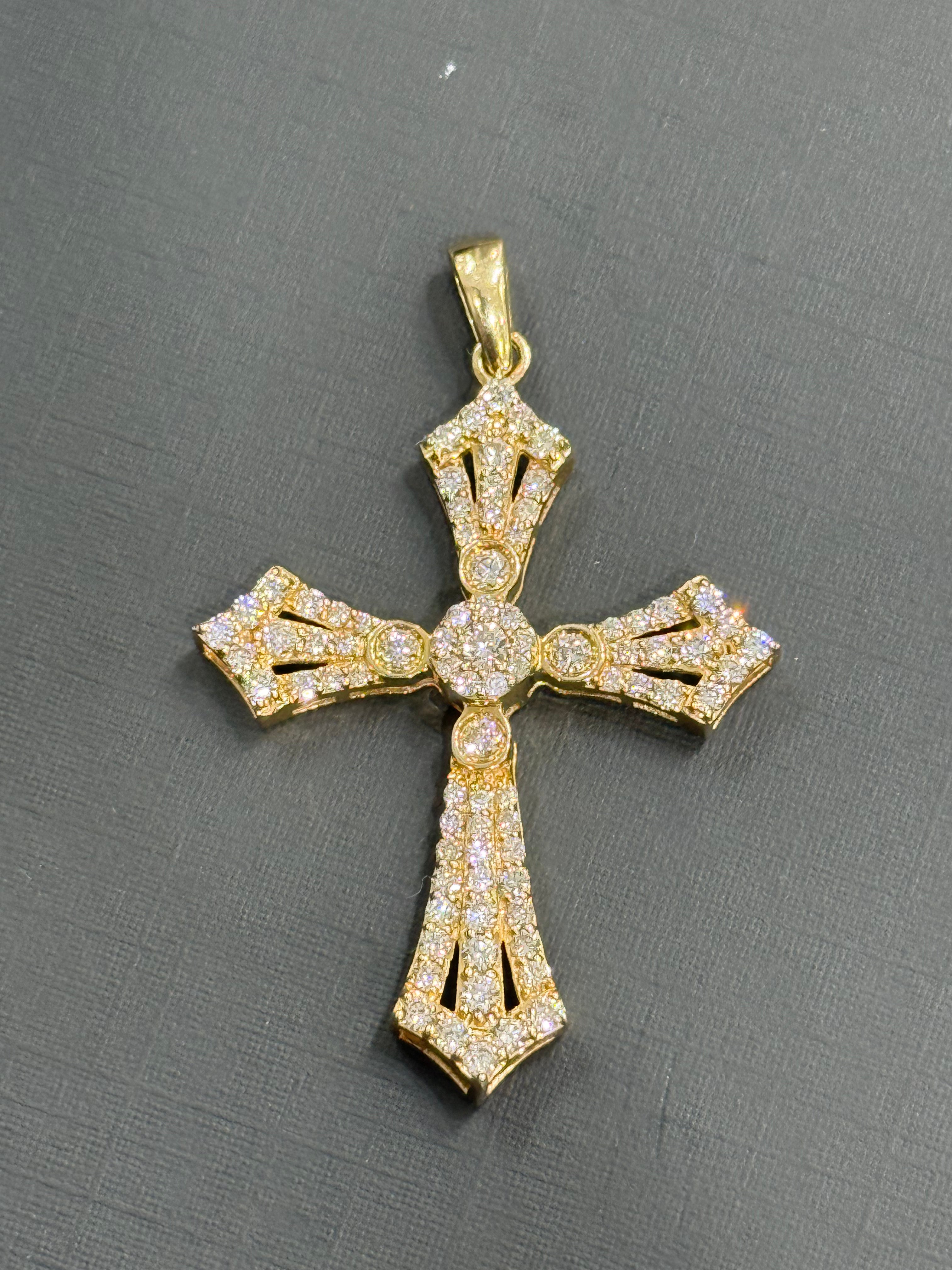 14K Yellow Gold Diamond Cross Pendant With 14KY Cable Chain. DTW=0.95CT - G-H/SI - 18" - 5.8GR