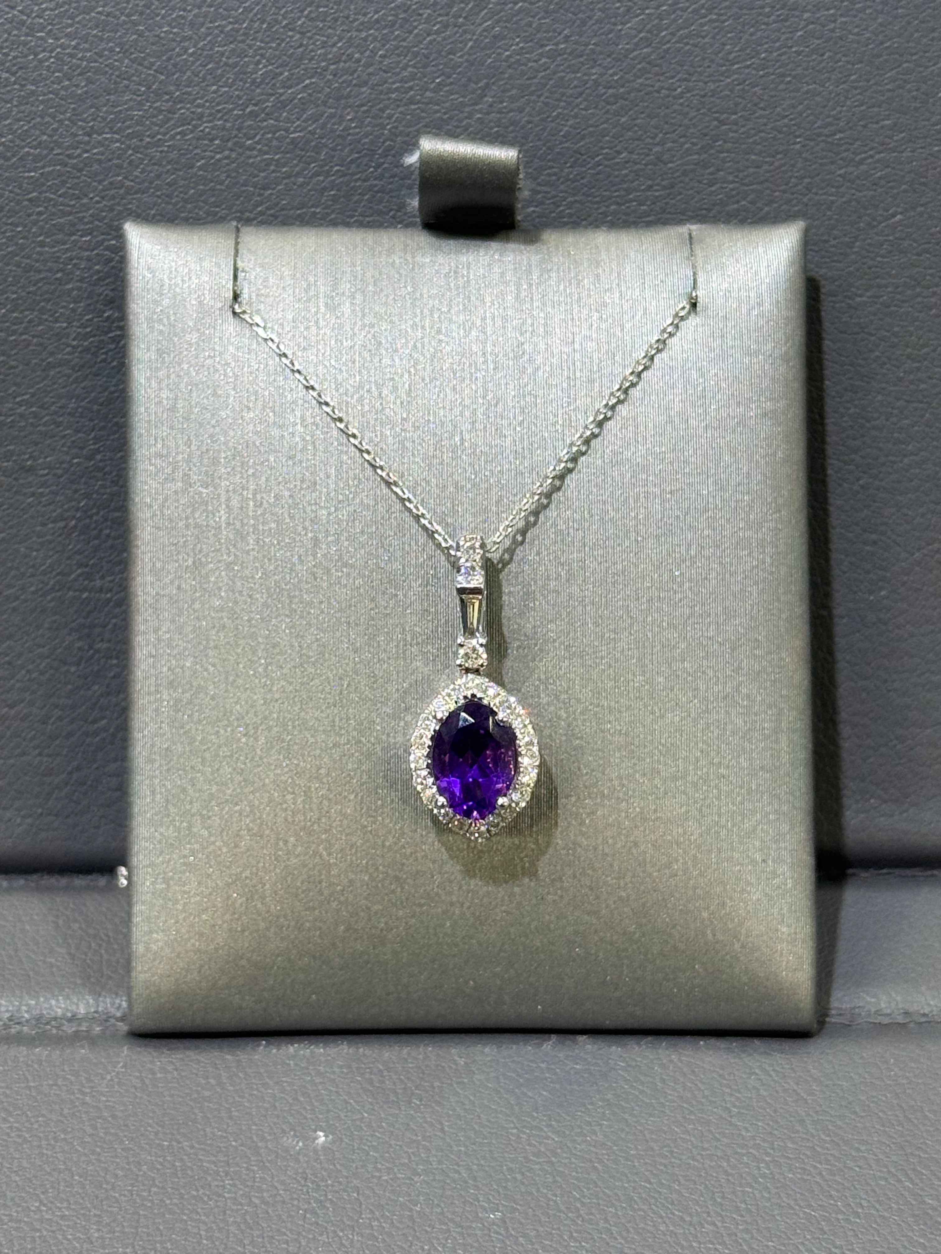 14KT Gold & Diamonds & Amethyst Oval Pendant With Cable Chain. DTW=0.25CT - G-H/SI - AM=0.74CT - 2.8GR - 18"