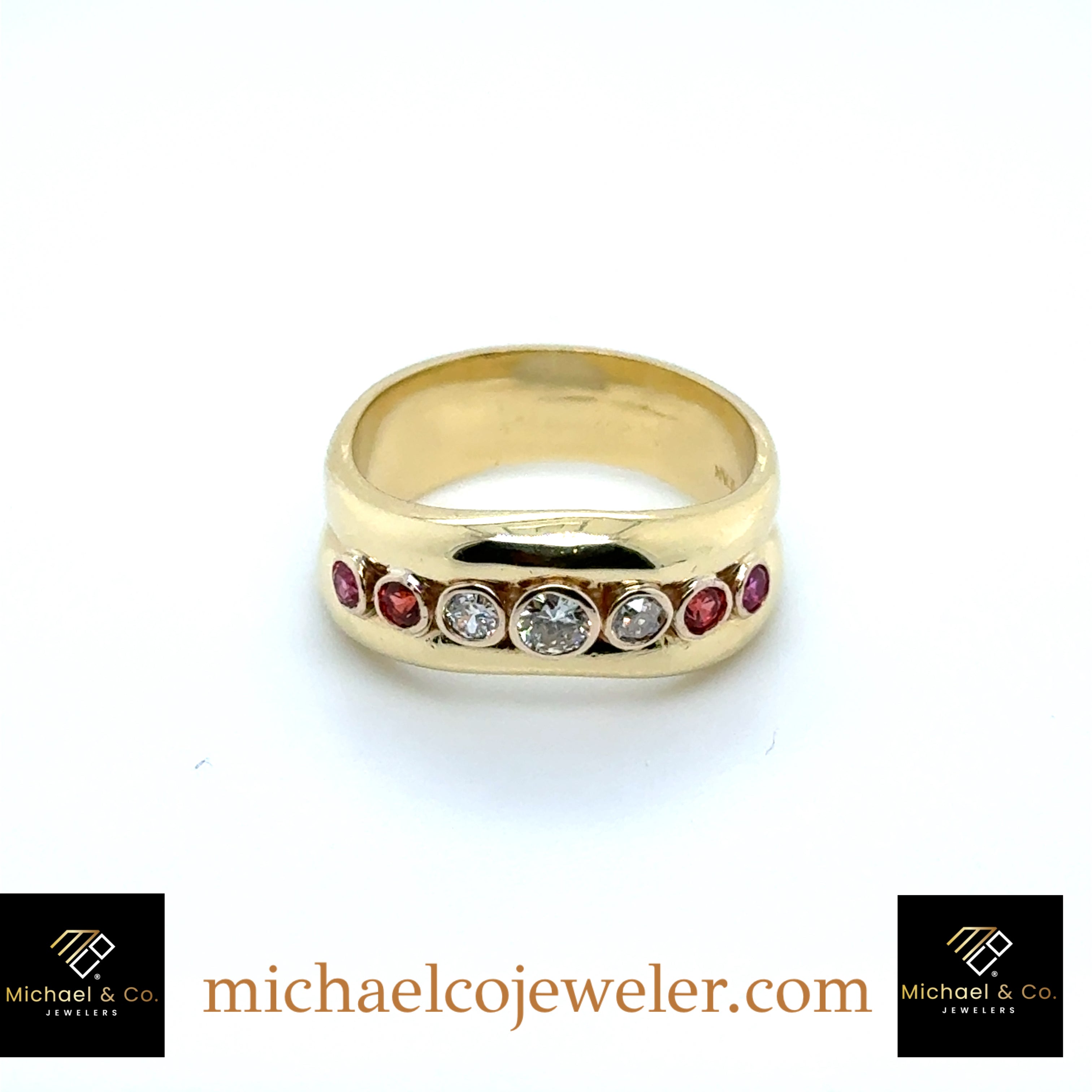 18KT Yellow Gold Wave Style Ring With Diamonds & Sapphires. 3RD=0.21CT - G-H/SI - 4SA=0.12CT - 8.2GR - SZ 6.5