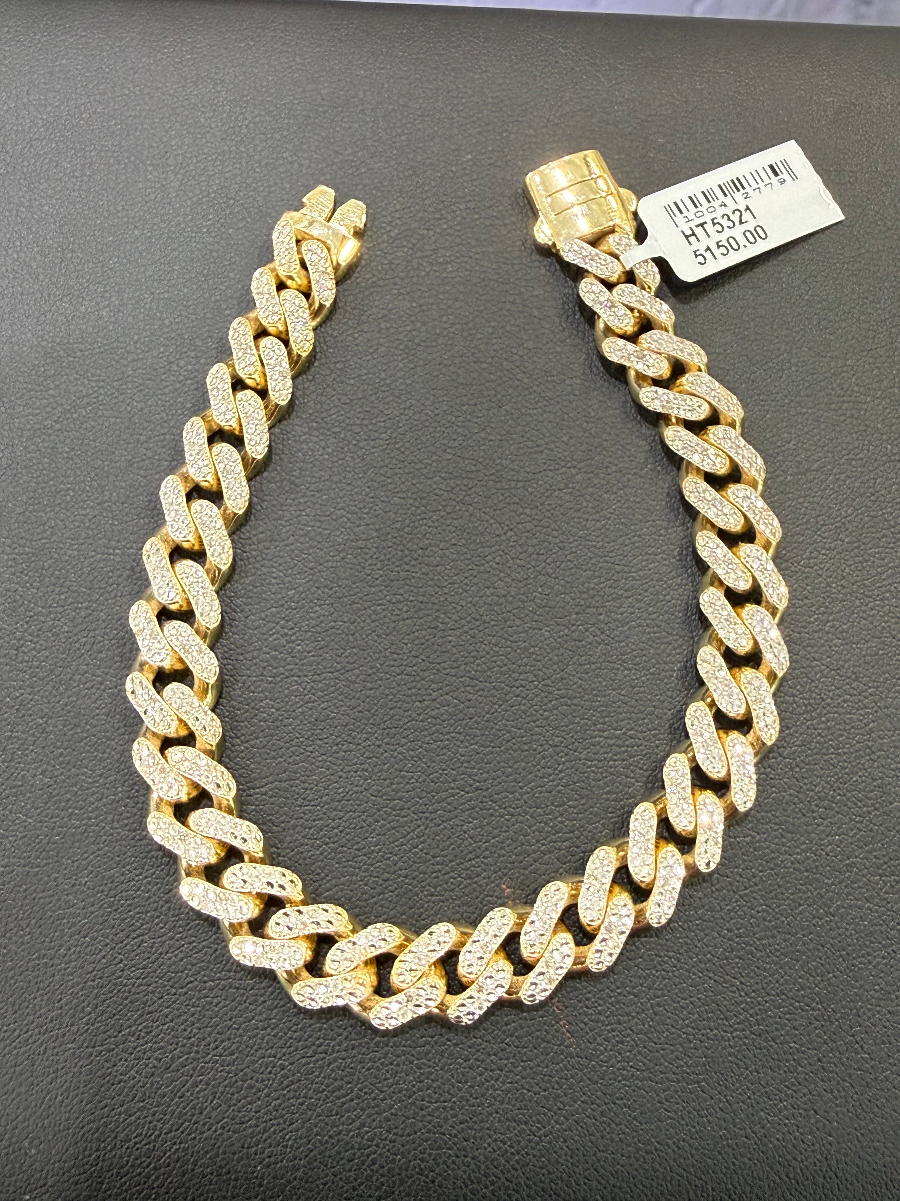 14KT Yellow Gold 9MM Hollow Monaco Style Bracelet With Small Diamonds & Diamond Look Style. DTW=0.63CT - H-I/SI-I - 12.6GR - 8"