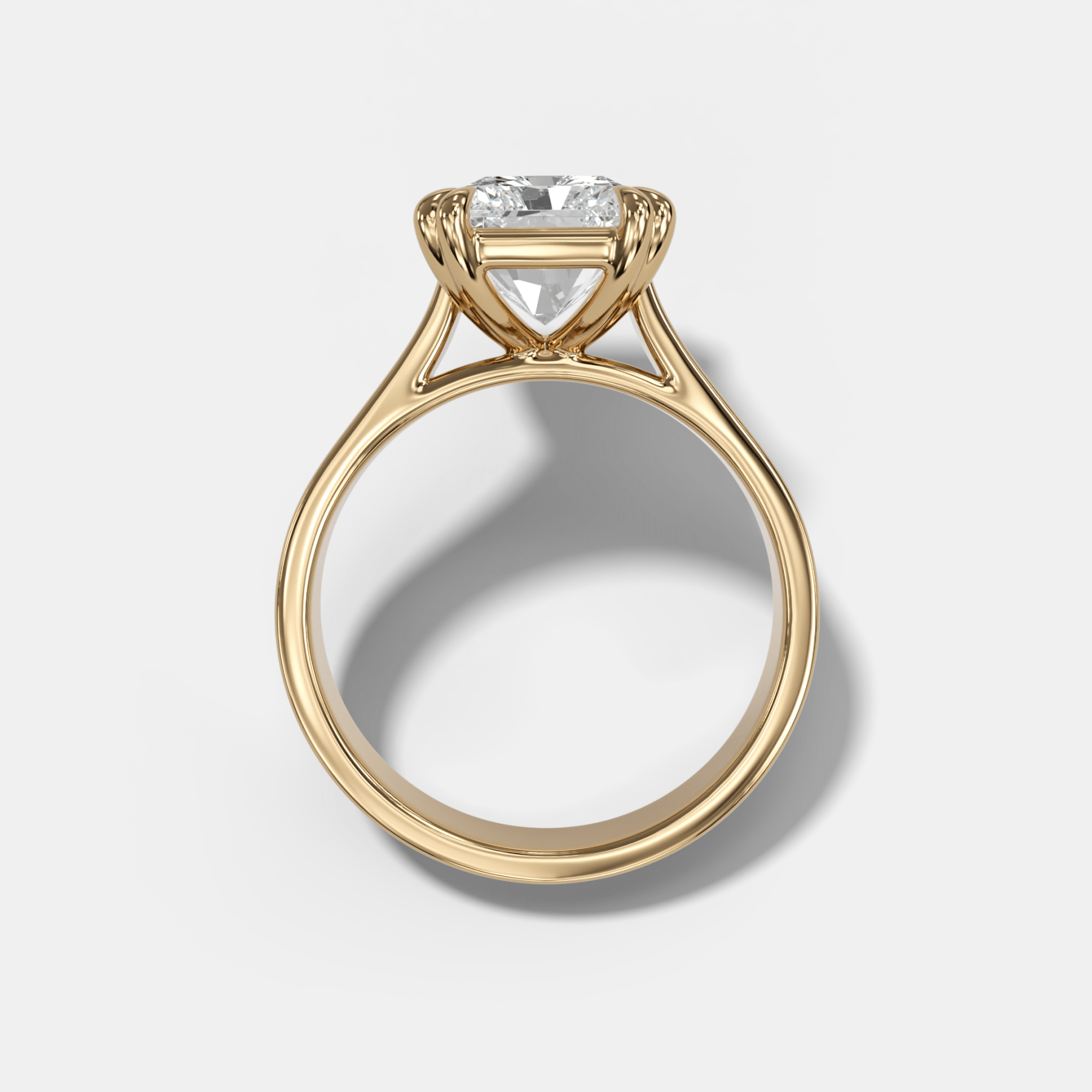 Finest Cathedral Engagement Ring with Elongated Radiant Cut Diamond. With 3.5CT Lab-Grown Diamond. Radiant cut shape. E-Color / VVS1-Clarity. Finger size 6.5. Double claw style prongs.