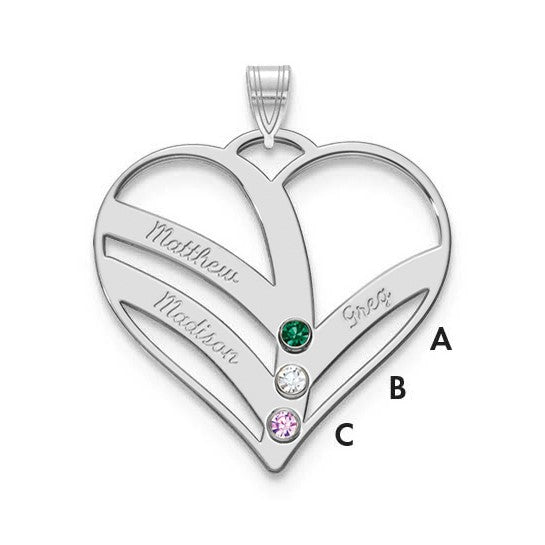 14KY 3-Name with Birthstones with 14k Bezel Cut Out Heart Pendant