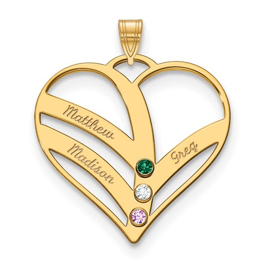 14KY 3-Name with Birthstones with 14k Bezel Cut Out Heart Pendant