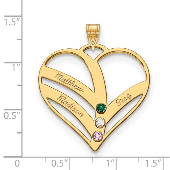14KY 3-Name with Birthstones with 14k Bezel Cut Out Heart Pendant