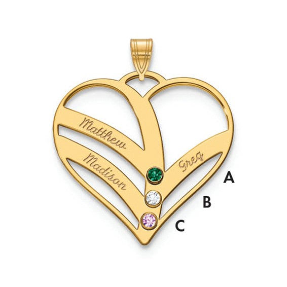 14KY 3-Name with Birthstones with 14k Bezel Cut Out Heart Pendant